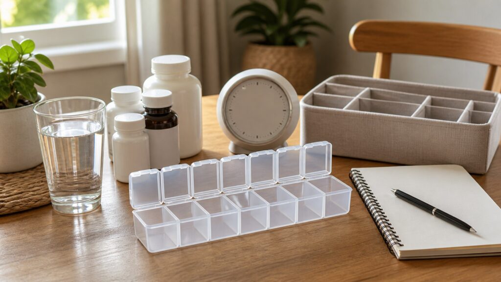 generic medication management products with pill organizer, blank reminder device, blank medicine bottles, water glass, and notebook