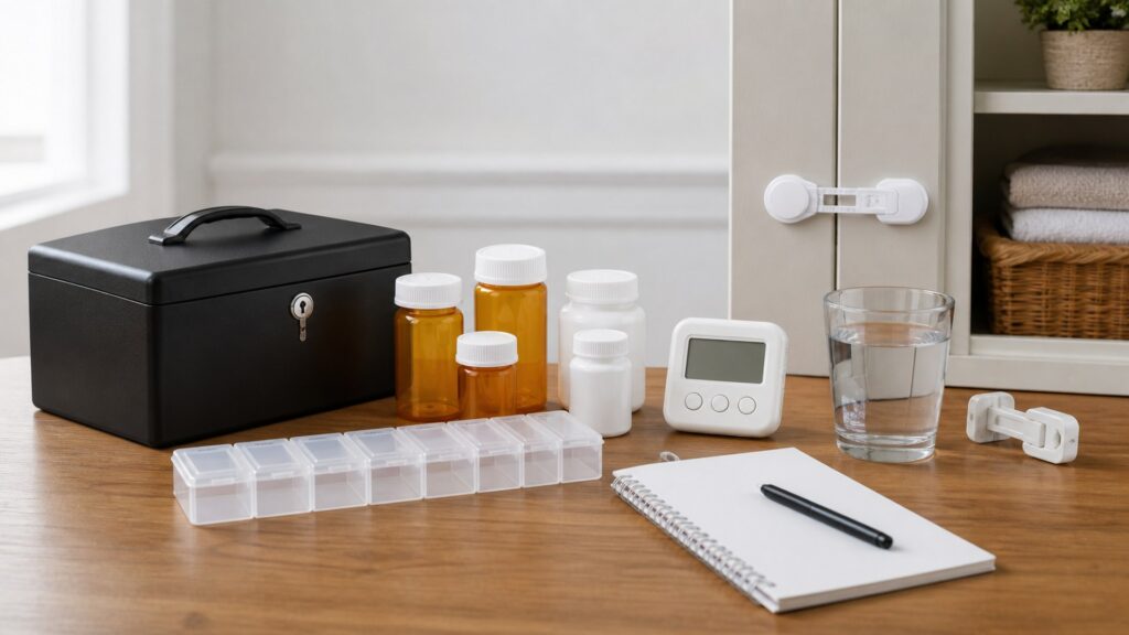 generic medication management products with pill organizer, blank reminder device, blank medicine bottles, water glass, and notebook