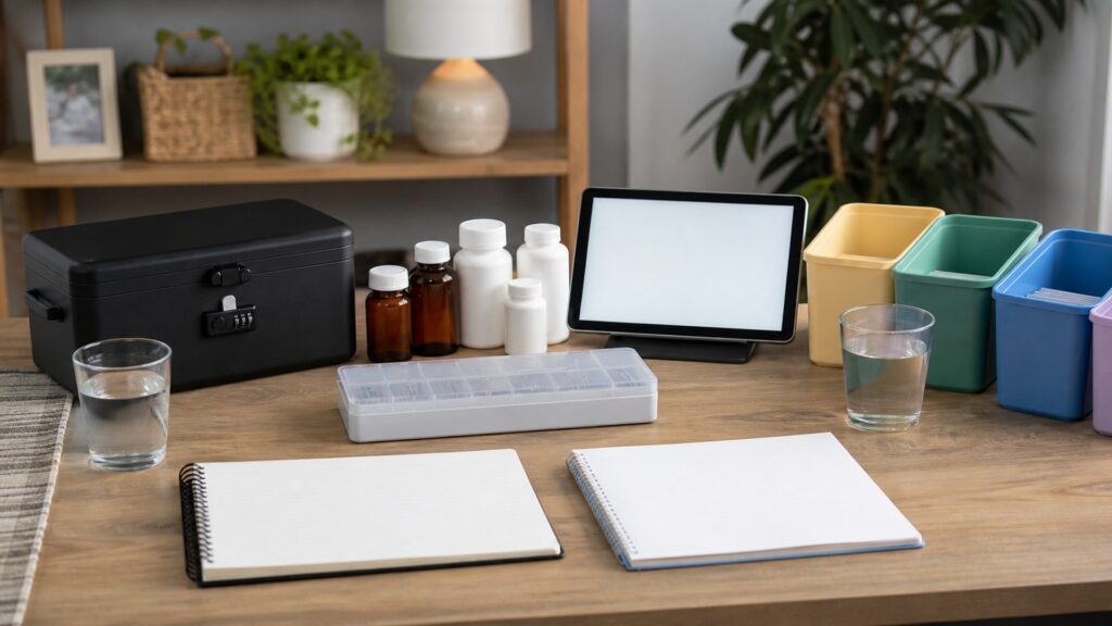 generic medication management products with pill organizer, blank reminder device, blank medicine bottles, water glass, and notebook