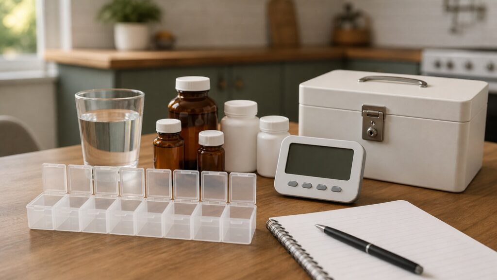generic medication management products with pill organizer, blank reminder device, blank medicine bottles, water glass, and notebook