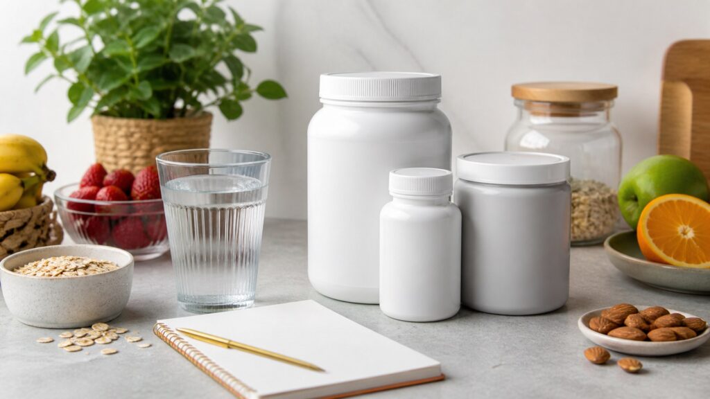 Unbranded men’s health supplements products arranged for a careful buying comparison