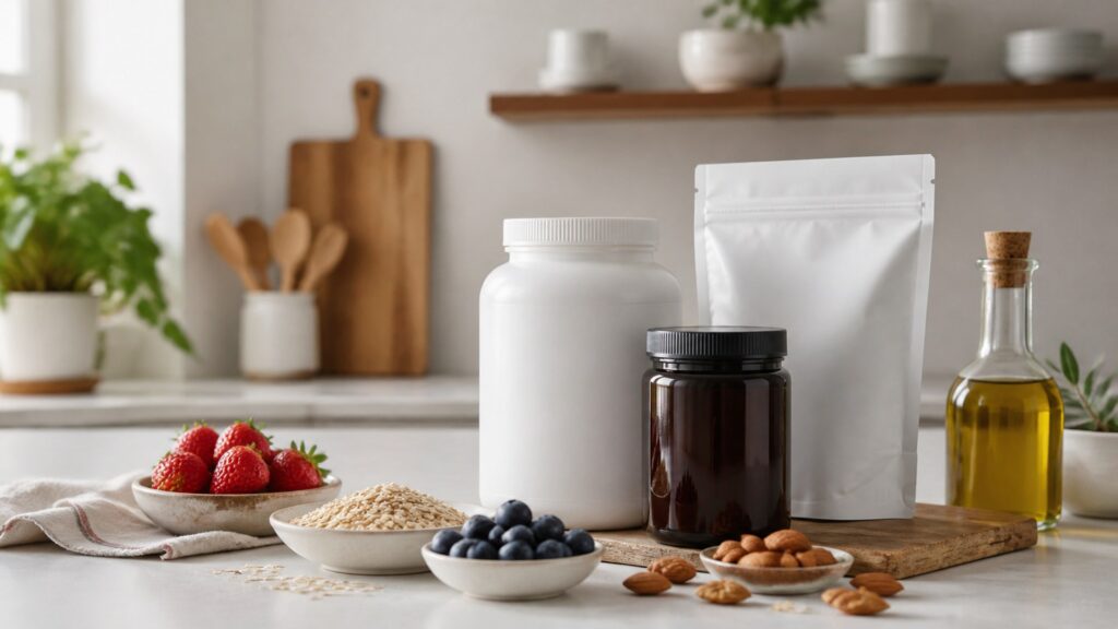 Unbranded men’s health supplements products arranged for a careful buying comparison