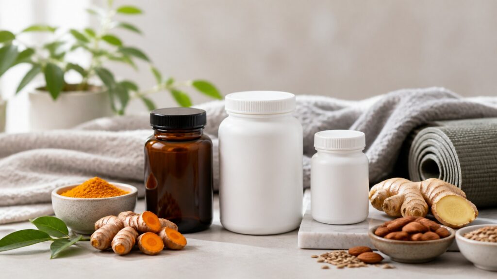 Unbranded men’s health supplements products arranged for a careful buying comparison
