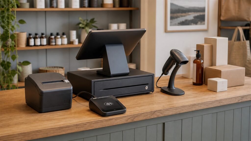 unbranded merchant payment operations counter with card terminal, receipt printer, sealed cash drawer, invoice tablet, settlement notebook, and neat cables for a in-person sales buying decision