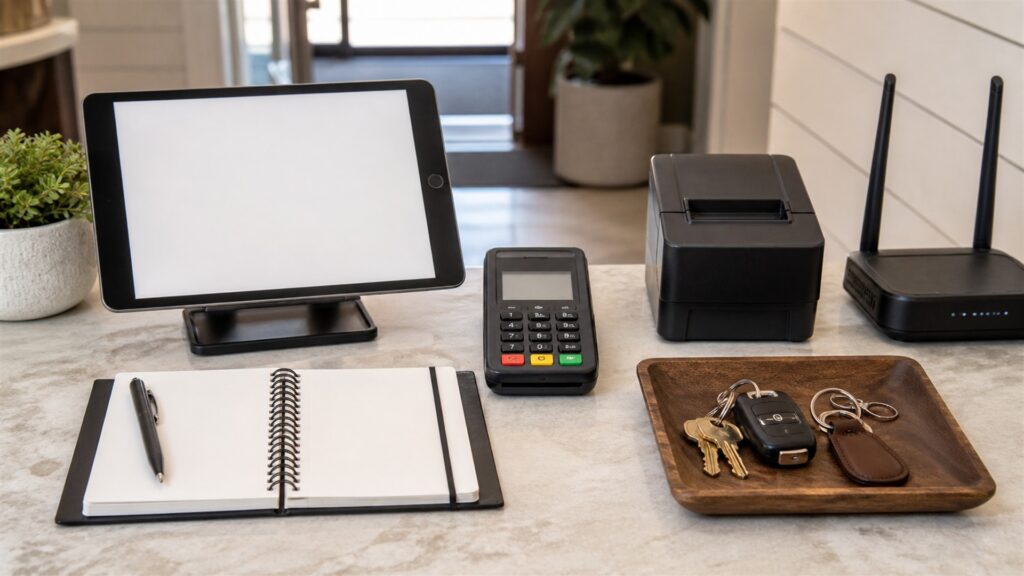 unbranded merchant payment operations counter with card terminal, receipt printer, sealed cash drawer, invoice tablet, settlement notebook, and neat cables for a service businesses buying decision