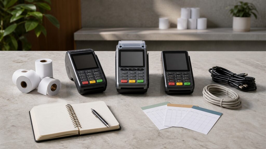 unbranded merchant payment operations counter with card terminal, receipt printer, sealed cash drawer, invoice tablet, settlement notebook, and neat cables for a general selection buying decision