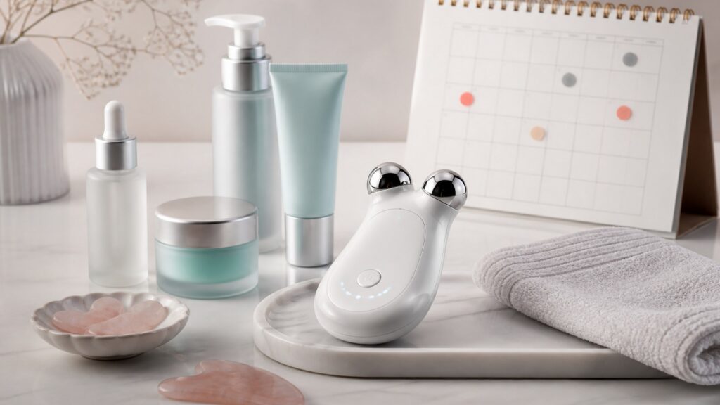 Unbranded editorial arrangement for microcurrent devices for appearance-focused routines