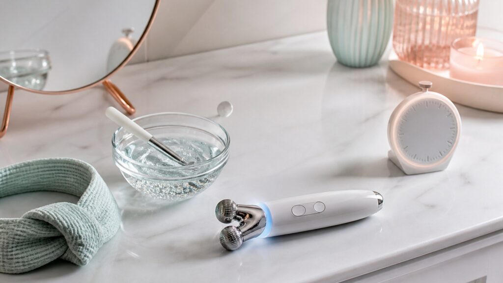Unbranded editorial arrangement for microcurrent devices for home treatment sessions