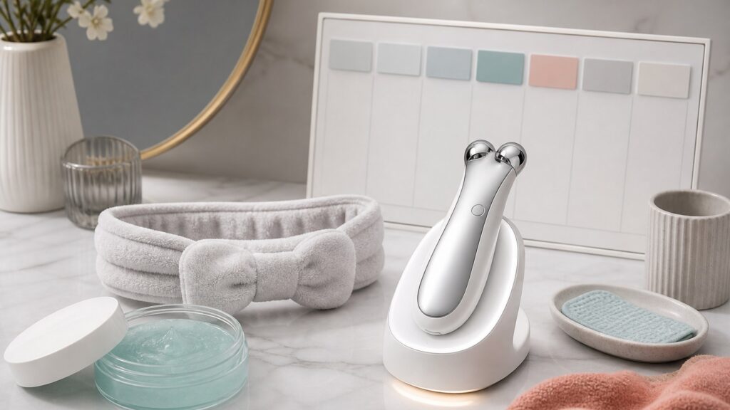 Unbranded editorial arrangement for microcurrent devices for weekly skincare