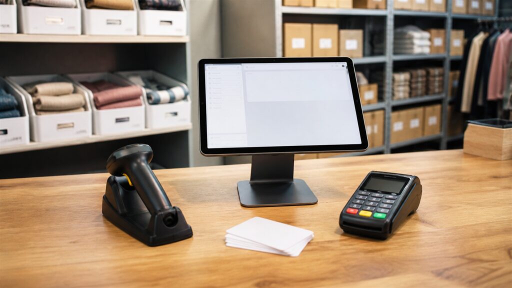unbranded portable tablet checkout kit with card reader, compact receipt printer, charging dock, inventory scanner, and blank sales screen for a mobile sales buying decision