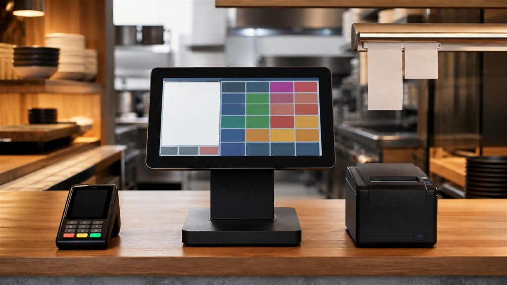 unbranded portable tablet checkout kit with card reader, compact receipt printer, charging dock, inventory scanner, and blank sales screen for a multi-location operations buying decision