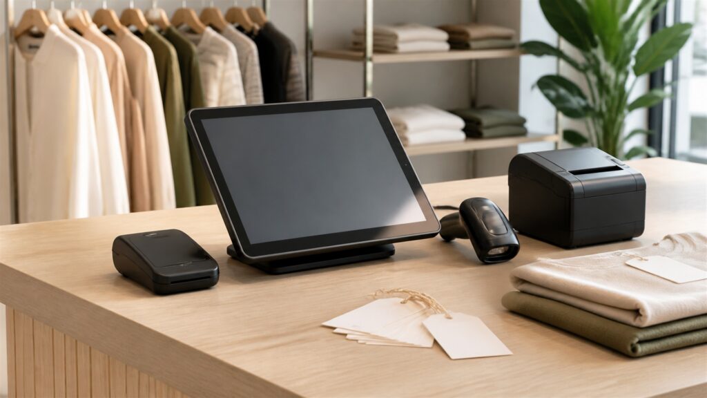 unbranded portable tablet checkout kit with card reader, compact receipt printer, charging dock, inventory scanner, and blank sales screen for a retail stores buying decision