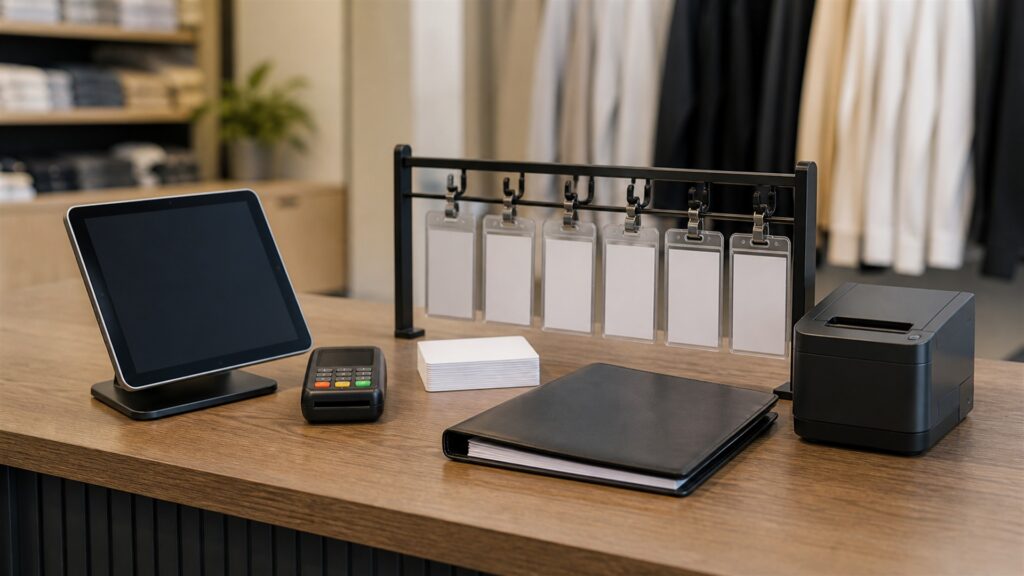 unbranded portable tablet checkout kit with card reader, compact receipt printer, charging dock, inventory scanner, and blank sales screen for a staff management buying decision