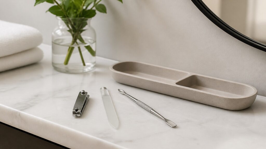 Unbranded editorial arrangement illustrating Nail Tools Buying Guide for Small Vanities