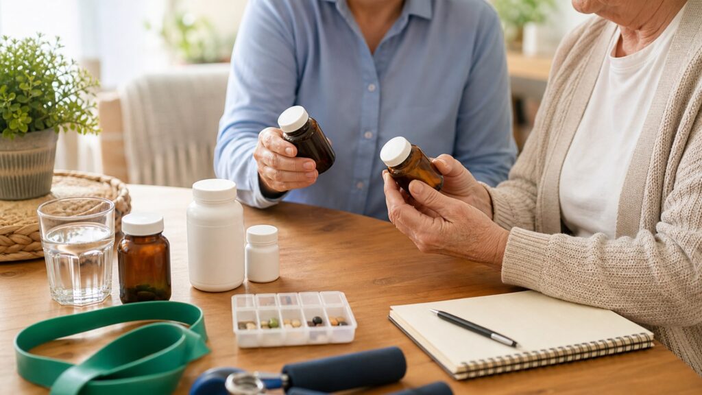 older adult and caregiver comparing natural wellness products with blank bottles, pill organizer, resistance band, and notebook