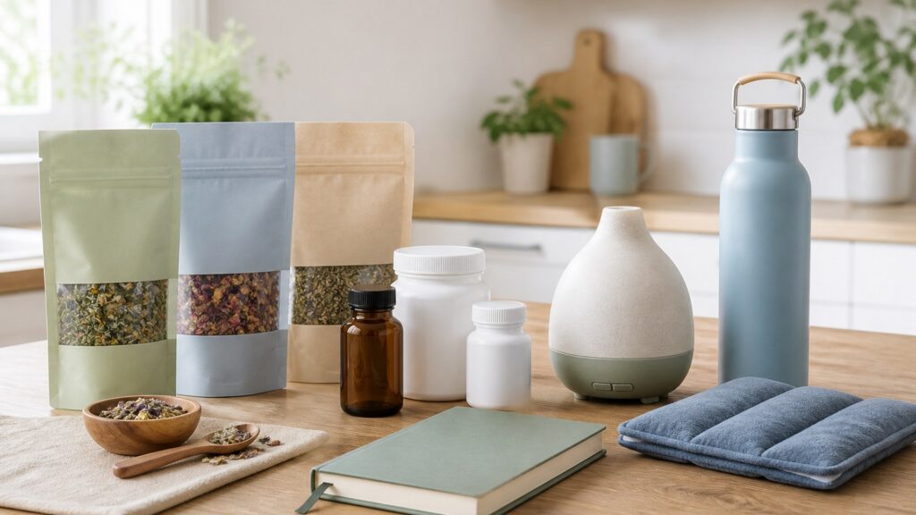 Unbranded natural wellness products arranged for a careful buying comparison