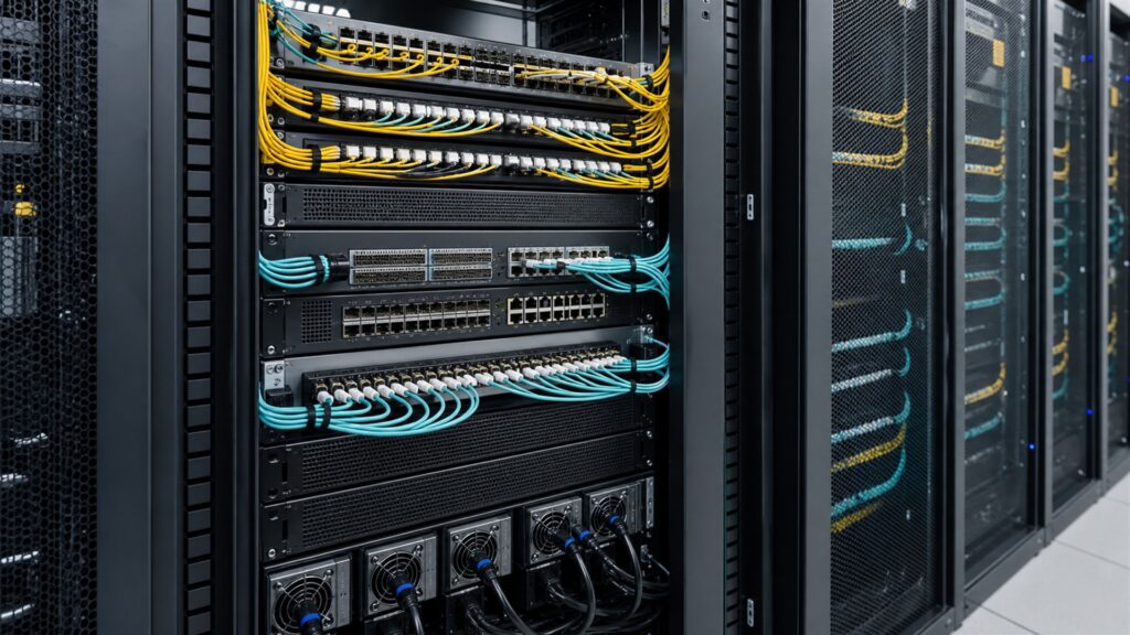 unbranded network switches, patch panels, gateway appliances, neatly routed plain cables, and clean status lights in a professional server room for a high-bandwidth workloads buying decision