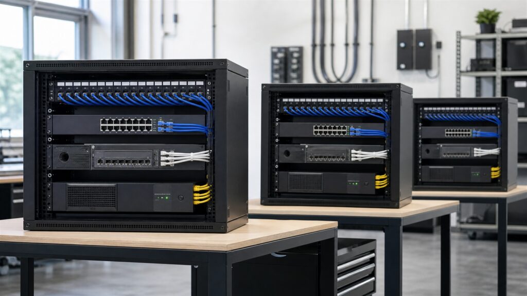 unbranded network switches, patch panels, gateway appliances, neatly routed plain cables, and clean status lights in a professional server room for a multi-location businesses buying decision