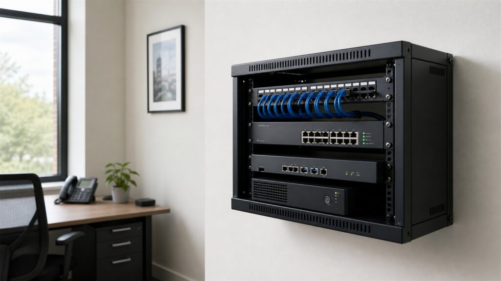 unbranded network switches, patch panels, gateway appliances, neatly routed plain cables, and clean status lights in a professional server room for a small offices buying decision