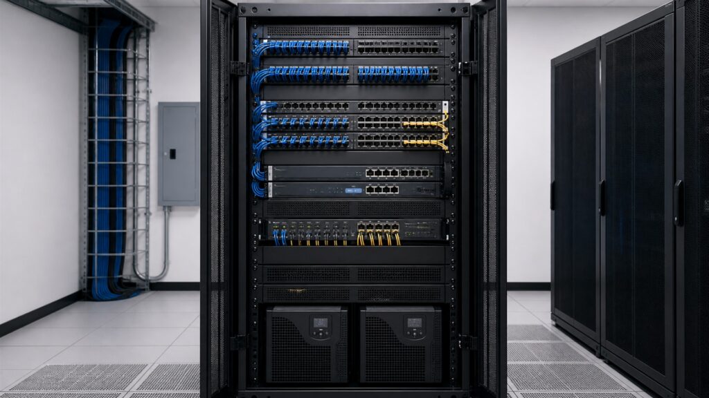 unbranded network switches, patch panels, gateway appliances, neatly routed plain cables, and clean status lights in a professional server room for a general selection buying decision