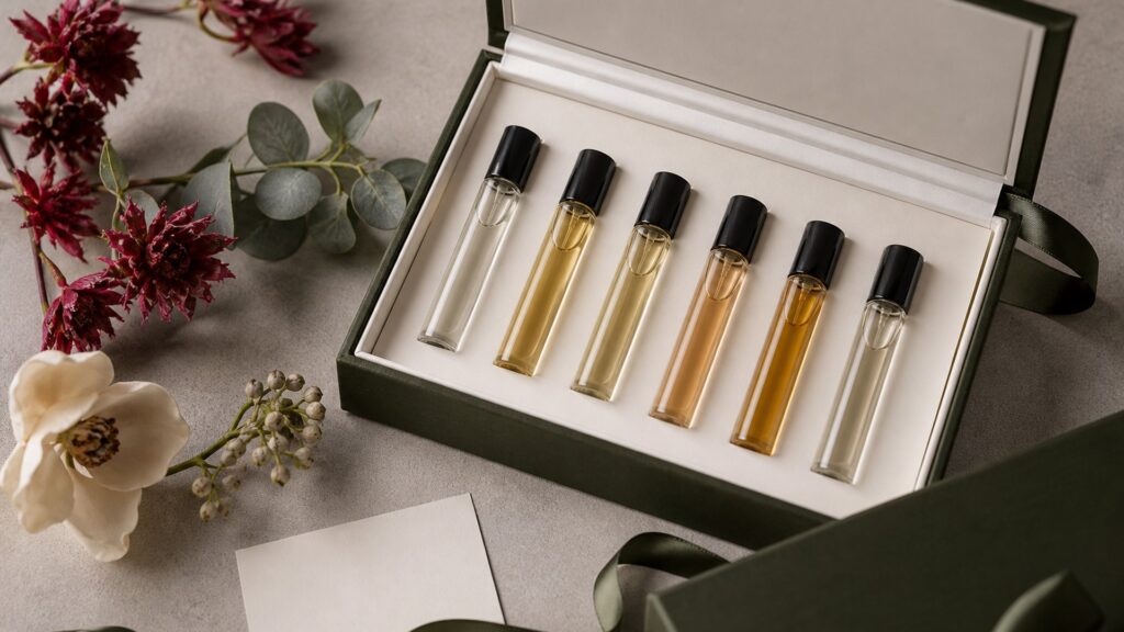 Unbranded editorial arrangement illustrating Niche Fragrance Buying Guide for Gift Shopping
