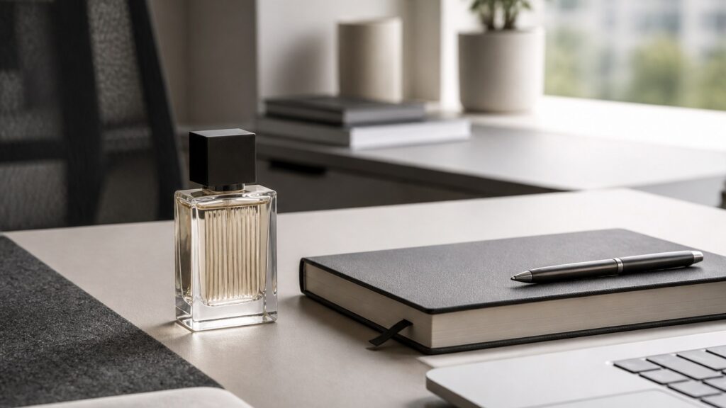 Unbranded editorial arrangement illustrating Niche Fragrance Buying Guide for Office Settings