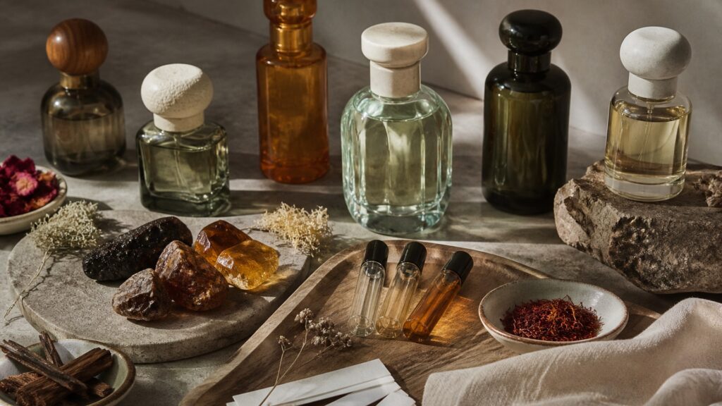 Unbranded editorial arrangement illustrating Niche Fragrance Buying Guide: How to Choose the Right One