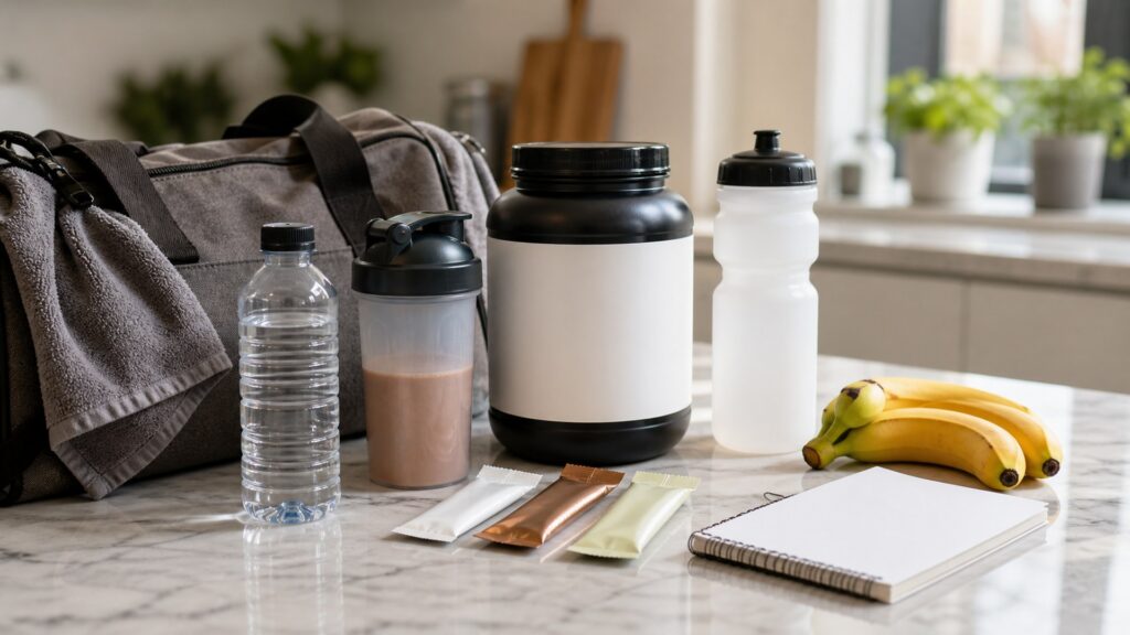 athlete nutrition products with blank protein tub, shaker, water bottle, gel packets, bananas, gym bag, and notebook