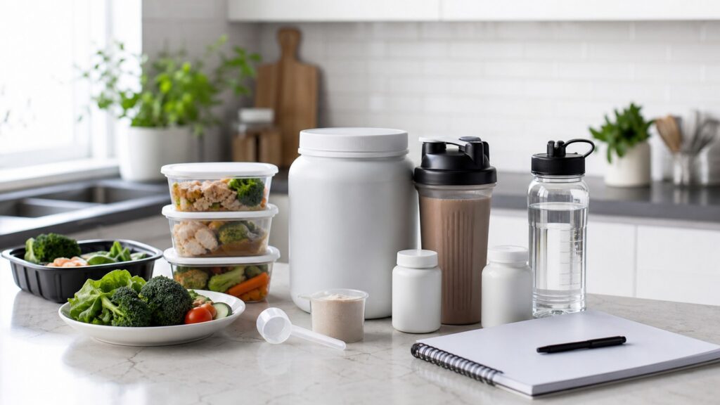 nutrition products for weight management with blank shake containers, portion boxes, vegetables, water, and notebook