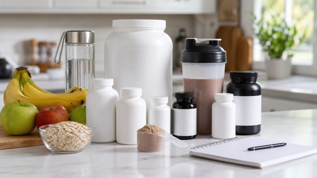 nutrition products on a kitchen counter with blank protein tub, shaker, vitamins, fruit, oats, and notebook