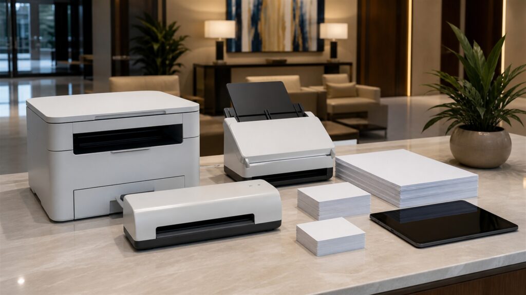 a coordinated set of unbranded office machines with blank paper and organized supplies in a professional workplace for a customer-facing spaces buying decision