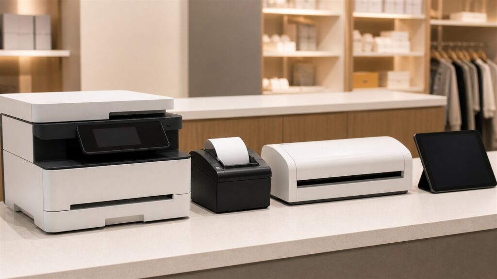a coordinated set of unbranded office machines with blank paper and organized supplies in a professional workplace for a retail counters buying decision