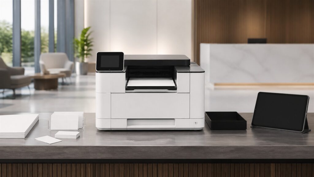 unbranded office printers, pure blank paper, and organized supply trays in a professional workplace for a customer-facing spaces buying decision