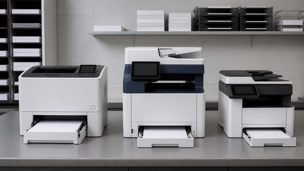 unbranded office printers, pure blank paper, and organized supply trays in a professional workplace for a general selection buying decision
