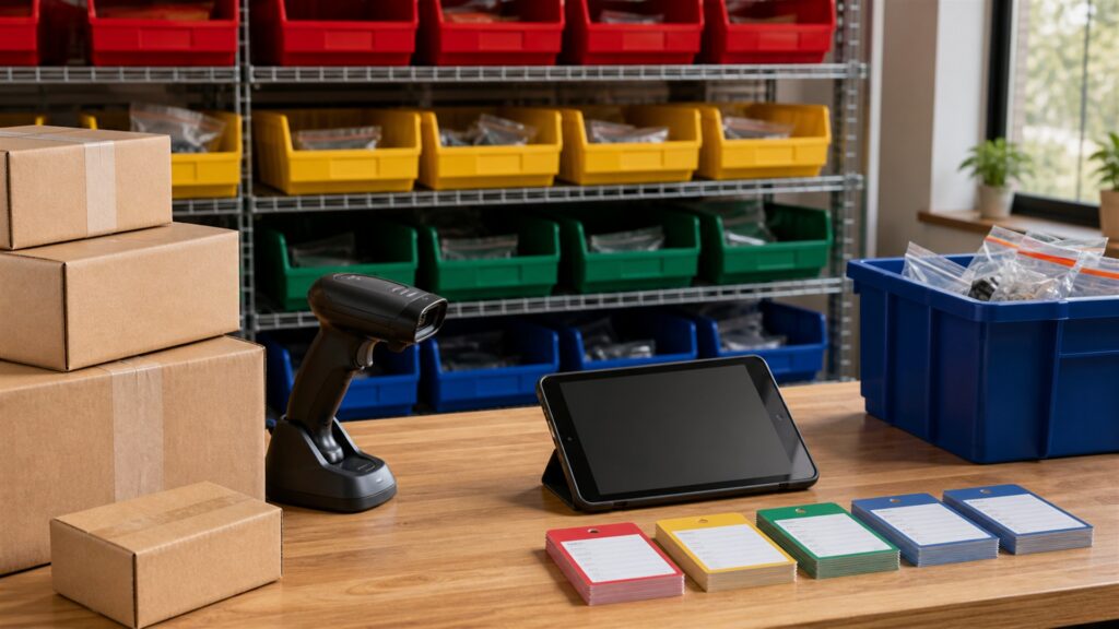 unbranded online store operations workspace with blank ecommerce dashboard, product samples, shipping boxes, barcode scanner, and packing materials for a inventory syncing buying decision