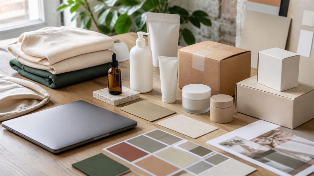 unbranded online store operations workspace with blank ecommerce dashboard, product samples, shipping boxes, barcode scanner, and packing materials for a new brands buying decision