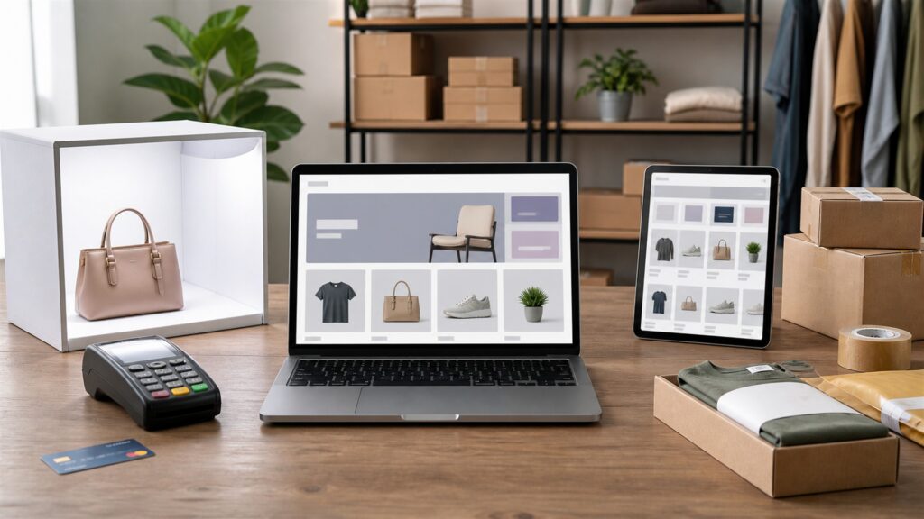 unbranded online store operations workspace with blank ecommerce dashboard, product samples, shipping boxes, barcode scanner, and packing materials for a general selection buying decision