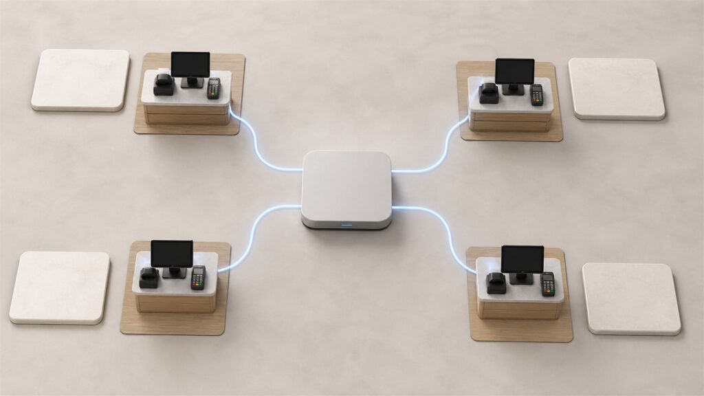 unbranded ecommerce payment engineering bench with secure payment terminal, blank checkout tablet, gateway appliance, test cards without markings, architecture cards, and status lights for a multi-location stores buying decision