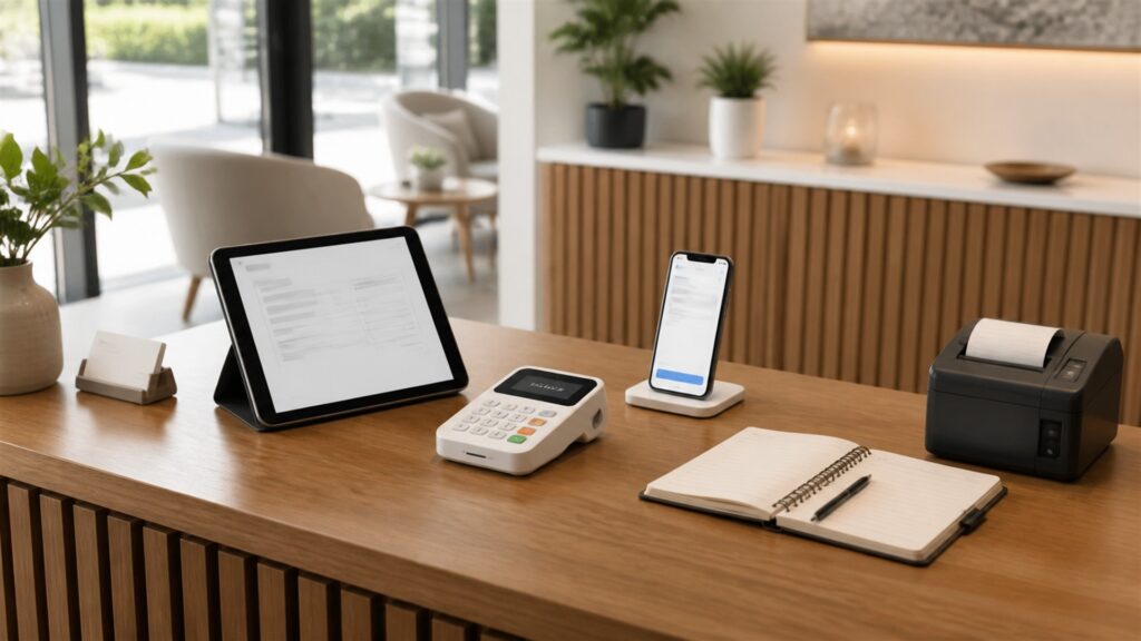 unbranded ecommerce payment engineering bench with secure payment terminal, blank checkout tablet, gateway appliance, test cards without markings, architecture cards, and status lights for a service businesses buying decision