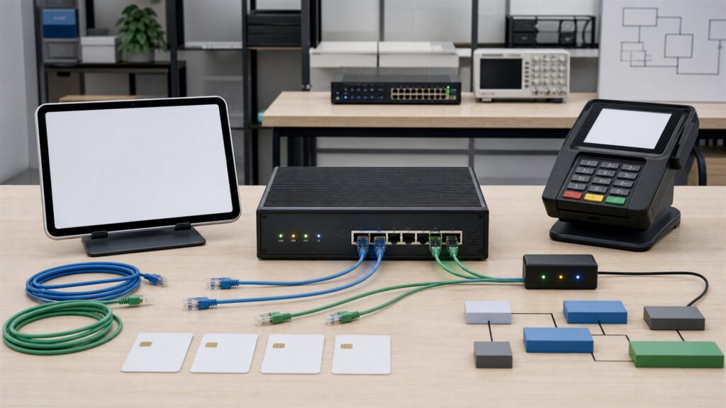 unbranded ecommerce payment engineering bench with secure payment terminal, blank checkout tablet, gateway appliance, test cards without markings, architecture cards, and status lights for a general selection buying decision