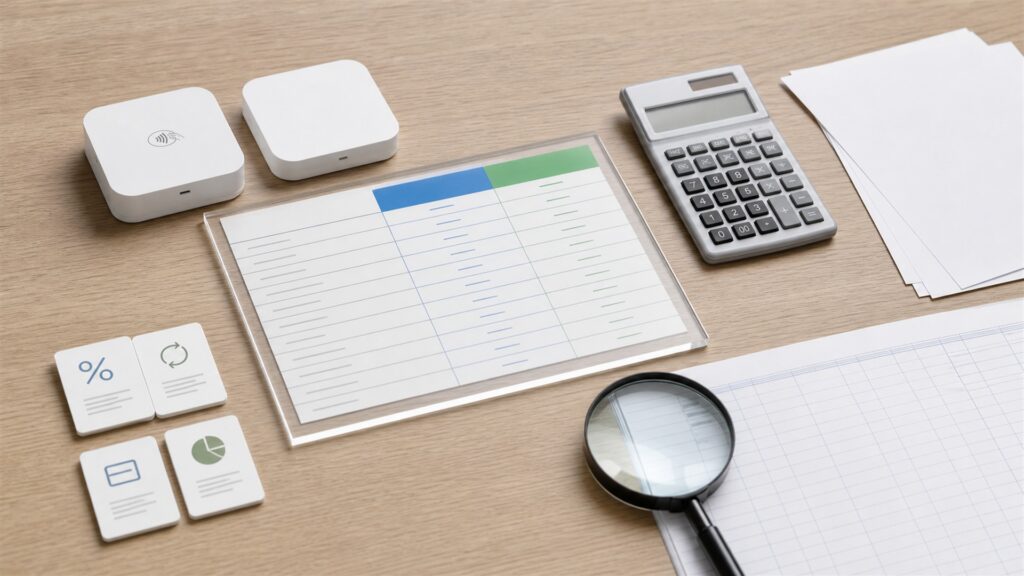 unbranded payment operations command table with several payment terminals, blank settlement screens, payout ledger cards, sealed deposit pouch, and regional currency trays without text for a low fees buying decision