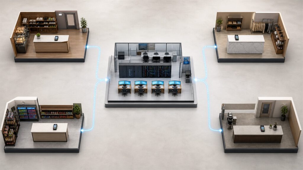 unbranded payment operations command table with several payment terminals, blank settlement screens, payout ledger cards, sealed deposit pouch, and regional currency trays without text for a multi-location stores buying decision