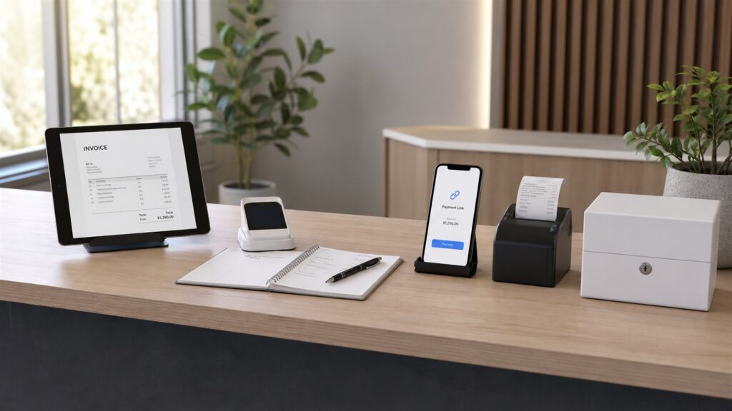 unbranded payment operations command table with several payment terminals, blank settlement screens, payout ledger cards, sealed deposit pouch, and regional currency trays without text for a service businesses buying decision