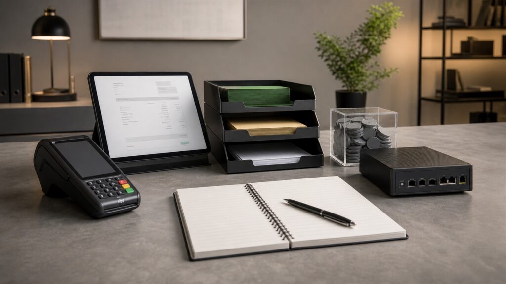 unbranded payment operations command table with several payment terminals, blank settlement screens, payout ledger cards, sealed deposit pouch, and regional currency trays without text for a general selection buying decision