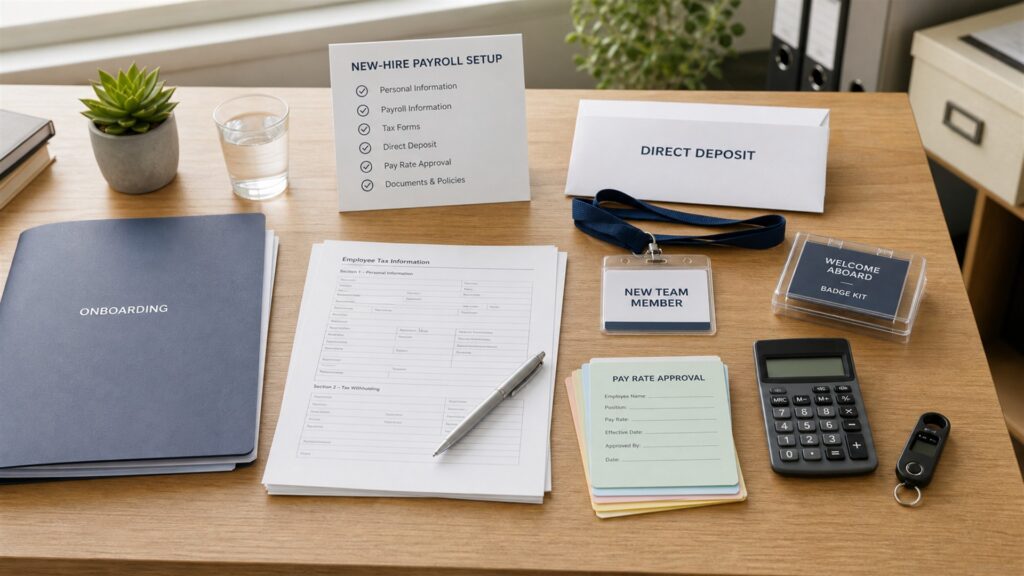 unbranded payroll review desk with blank payroll register screen, timecards, secure employee folders, calculator, sealed pay envelopes, approval stamp, and filing calendar for a hiring workflows buying decision