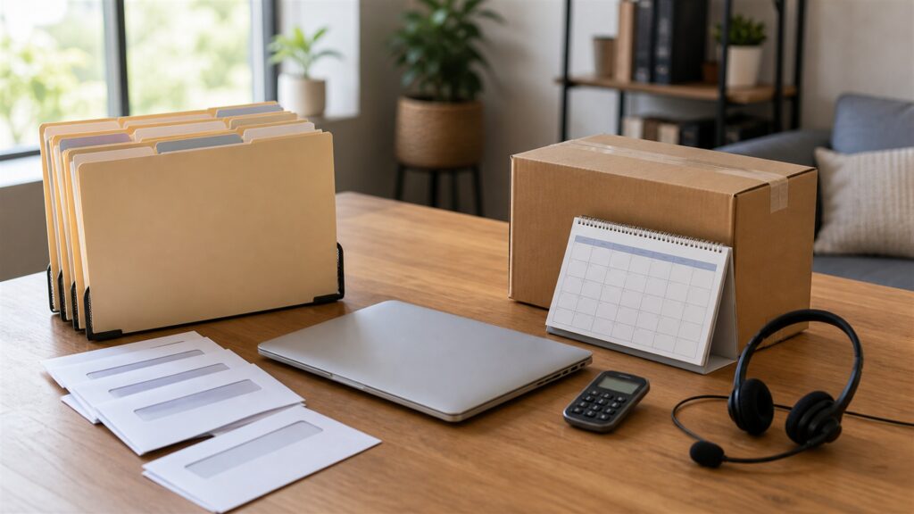unbranded payroll review desk with blank payroll register screen, timecards, secure employee folders, calculator, sealed pay envelopes, approval stamp, and filing calendar for a remote staff buying decision