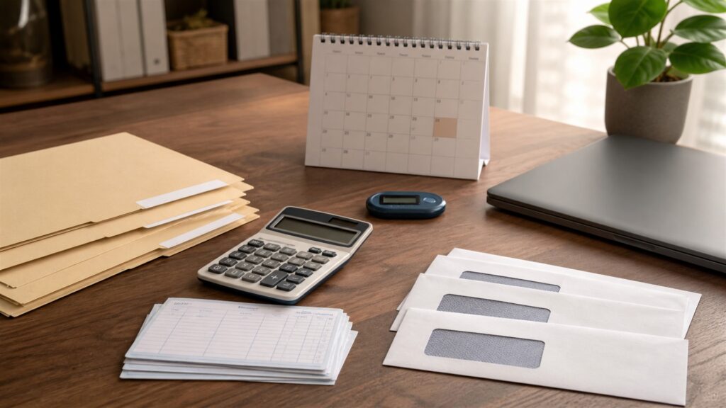 unbranded payroll review desk with blank payroll register screen, timecards, secure employee folders, calculator, sealed pay envelopes, approval stamp, and filing calendar for a small teams buying decision