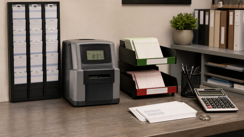 unbranded payroll review desk with blank payroll register screen, timecards, secure employee folders, calculator, sealed pay envelopes, approval stamp, and filing calendar for a timekeeping buying decision