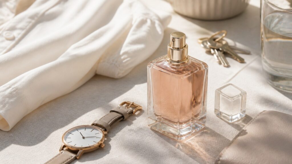 Unbranded editorial arrangement illustrating Perfume Buying Guide for Everyday Wear