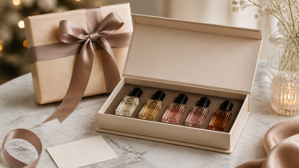 Unbranded editorial arrangement illustrating Perfume Buying Guide for Gift Shopping